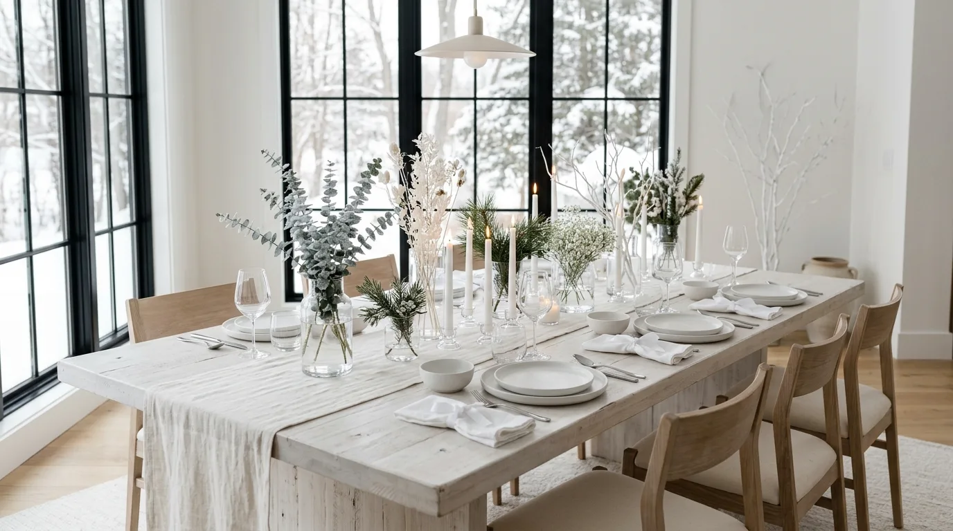 Cozy winter kitchen table for everyday gathering. Seasonal dining decor designed for warmth and regular use.