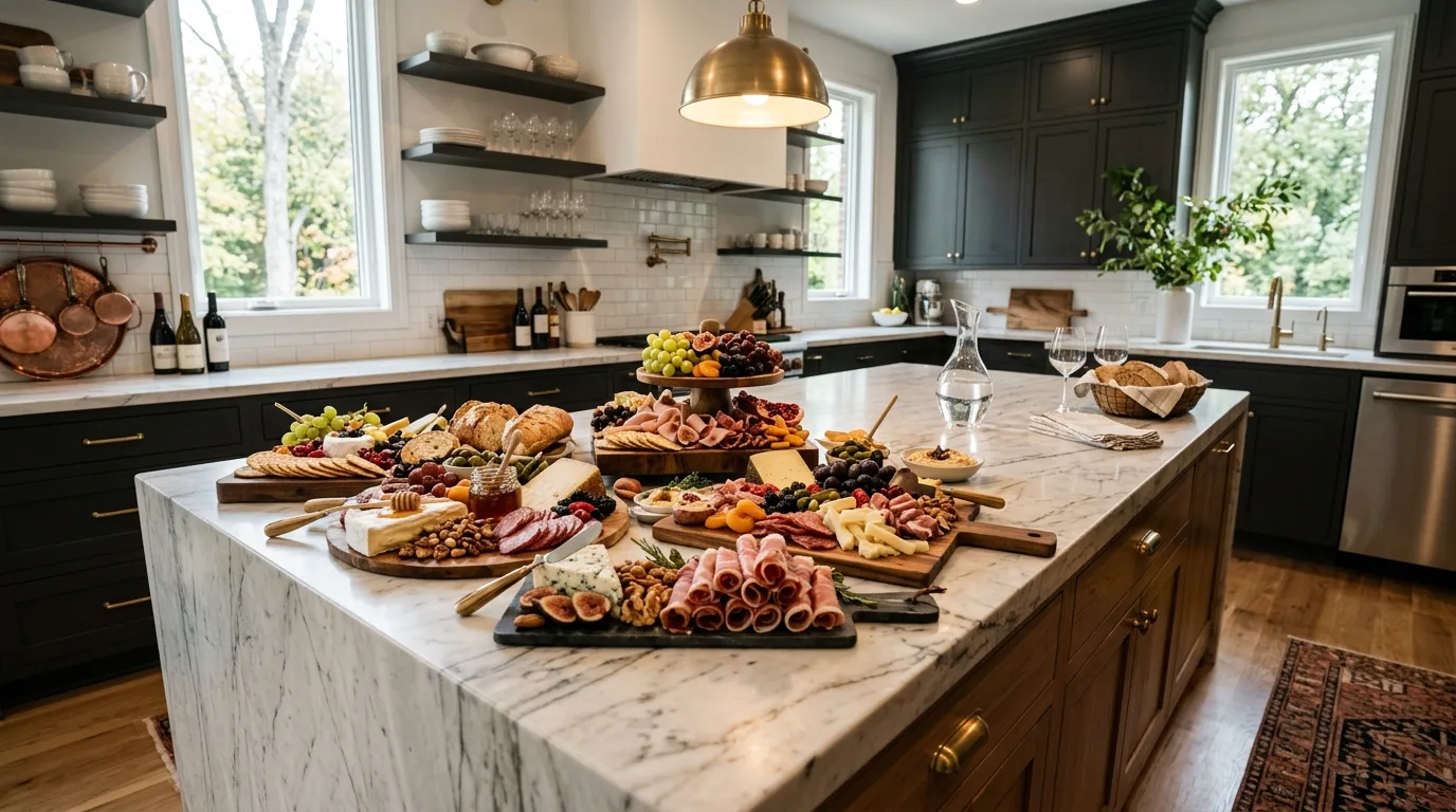 Creative kitchen island food display arranged for stylish party entertaining.