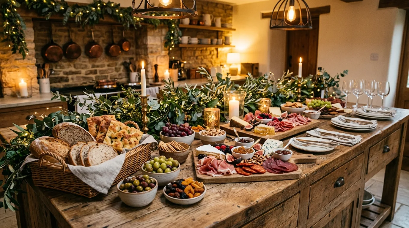 Grouped food sections on kitchen island. Organized entertaining layout improving guest movement around the island.