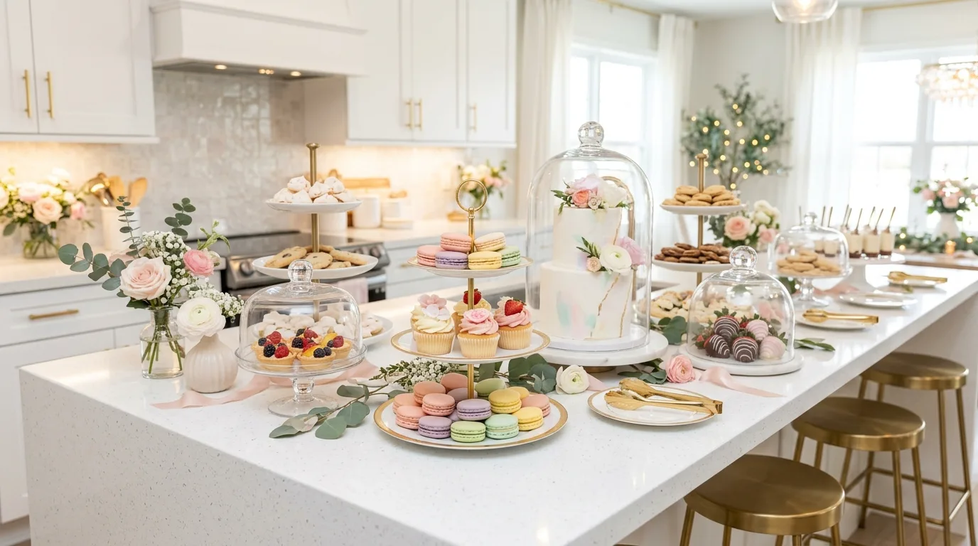 Serving board on kitchen island food display. Central platter creating a cohesive entertaining arrangement.