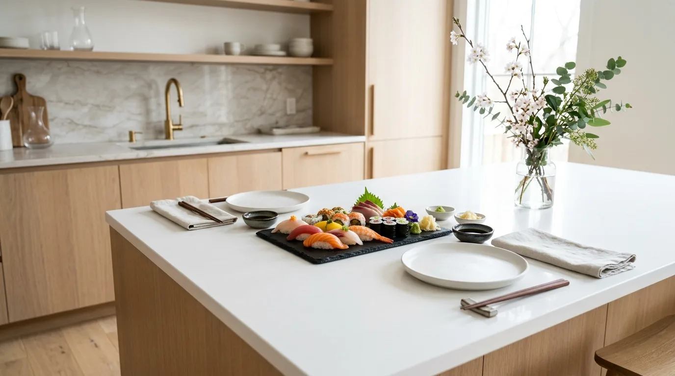 Coordinated serving pieces on kitchen island. Unified bowls and platters improving the overall party display.
