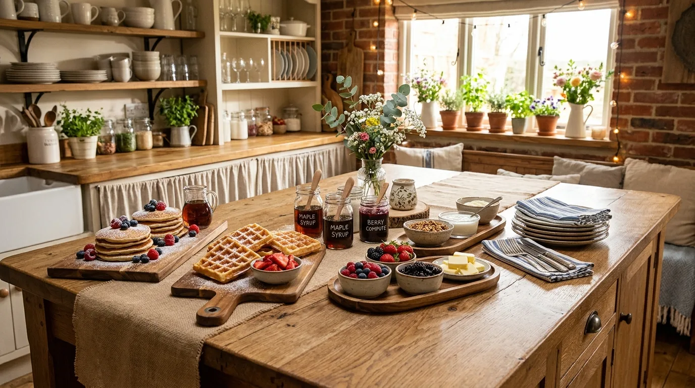 Kitchen island display with clear guest space. Party arrangement planned with practical serving room for guests.