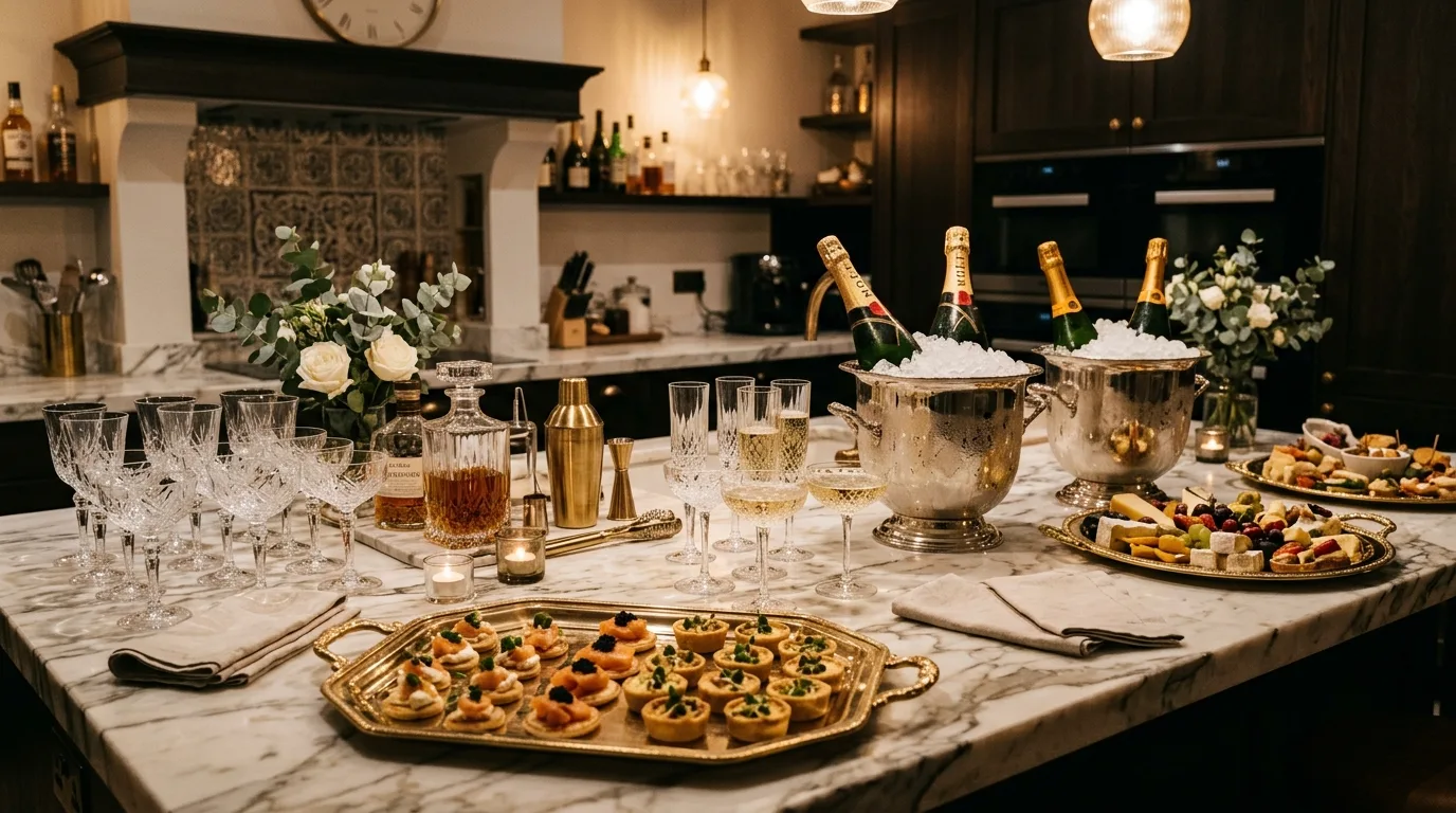 Greenery in kitchen island party display. Natural accents softening and connecting the entertaining setup.