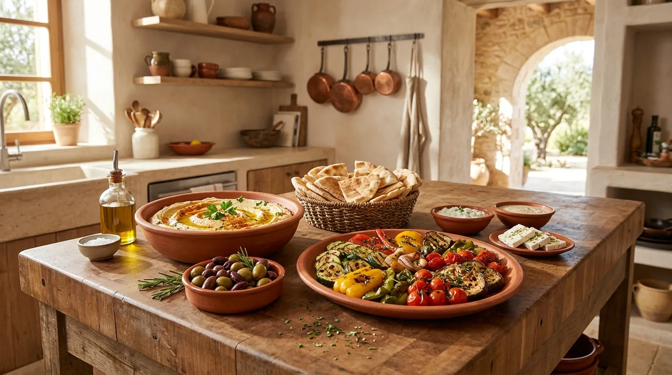 Labeled kitchen island food display. Helpful party signage adding clarity to a stylish island arrangement.