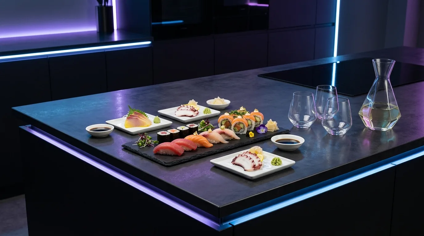 Statement platter on kitchen island. A central focal dish organizing the party food presentation.