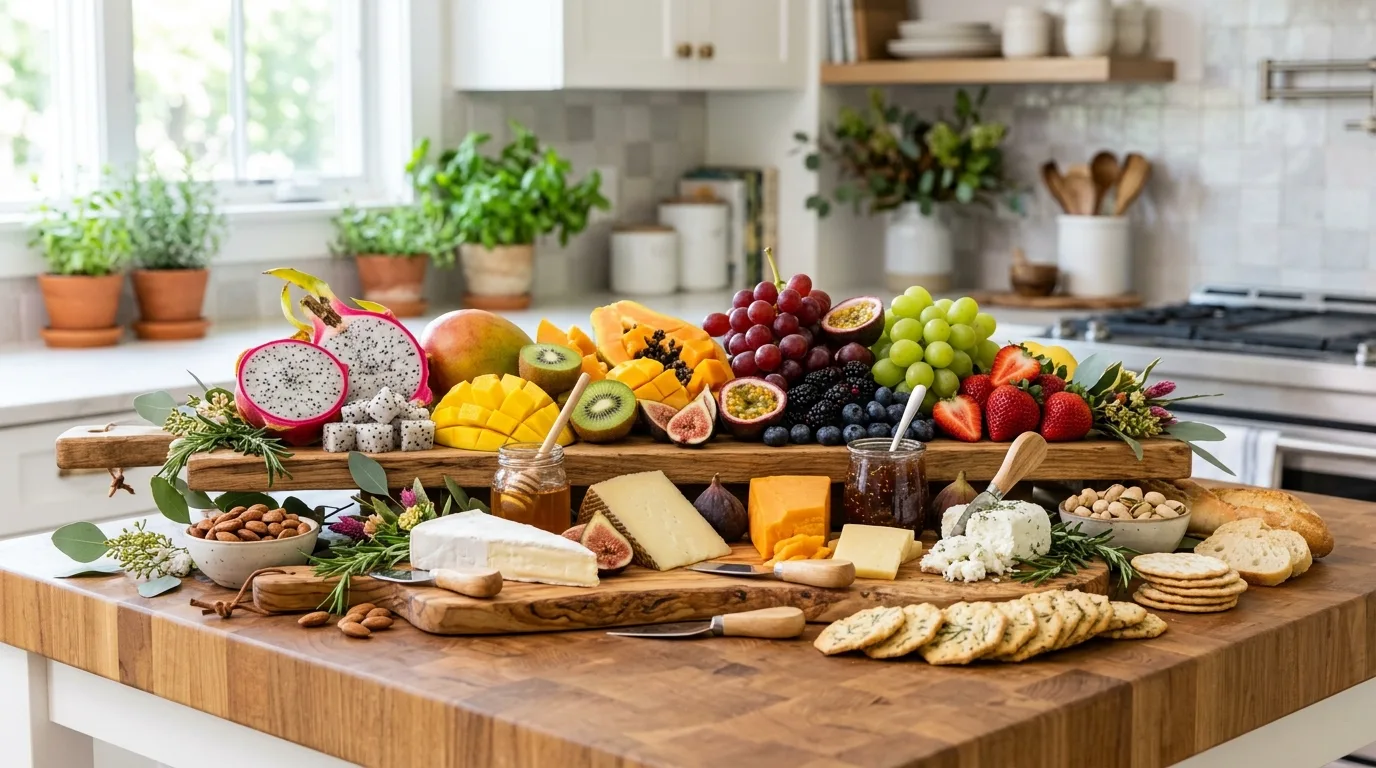 Kitchen island food display planned for circulation. Party serving arrangement designed for better guest flow.