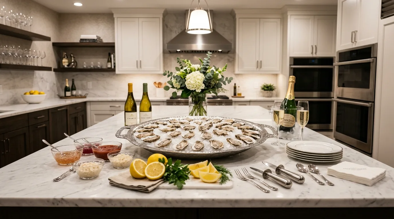 Color-cohesive kitchen island food display. Appetizing party styling built from a coordinated visual palette.