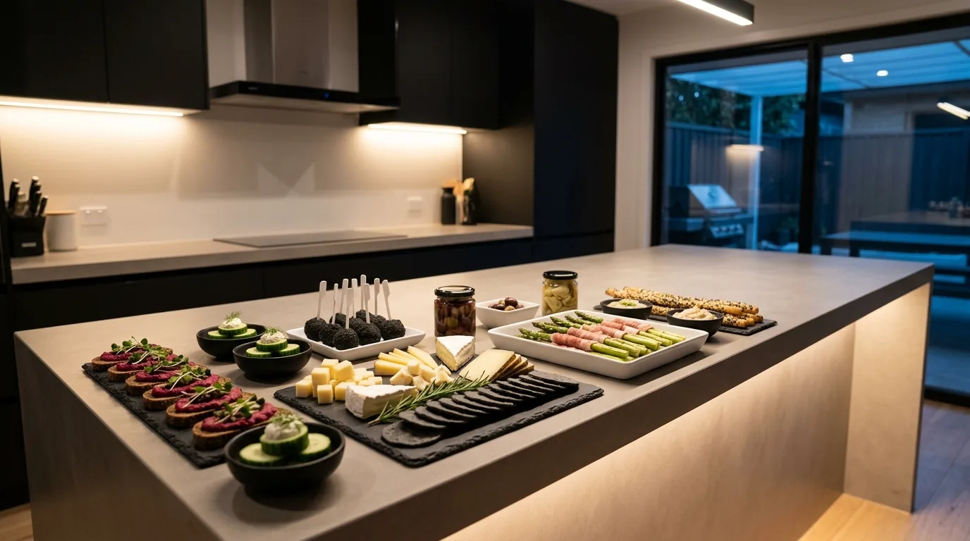 Kitchen island as center of party entertaining. A creative food display making the island the heart of the gathering.