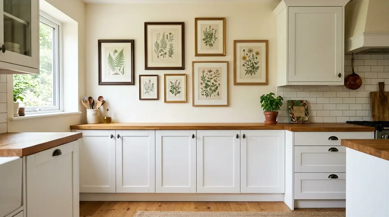 Creative kitchen wall decor with art, shelves, and useful accents for a more personalized cookspace.