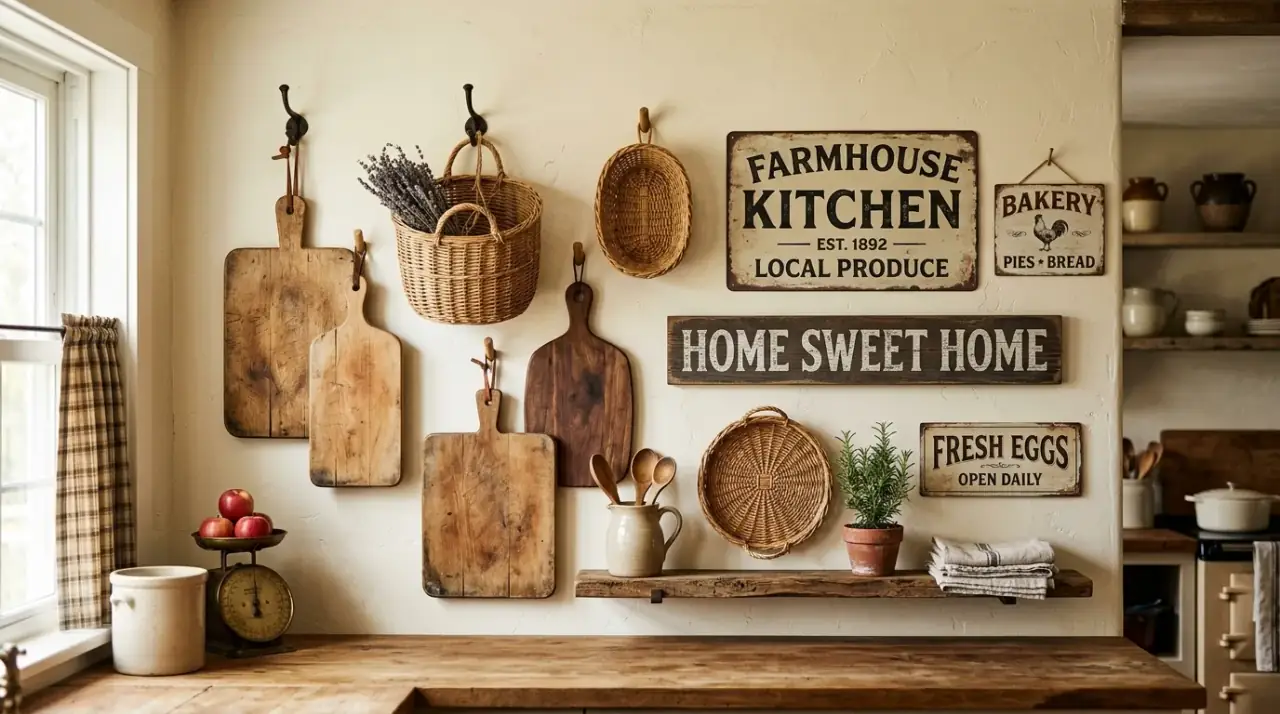 Kitchen gallery wall. Curated art grouping personalizing a kitchen with calm visual character.