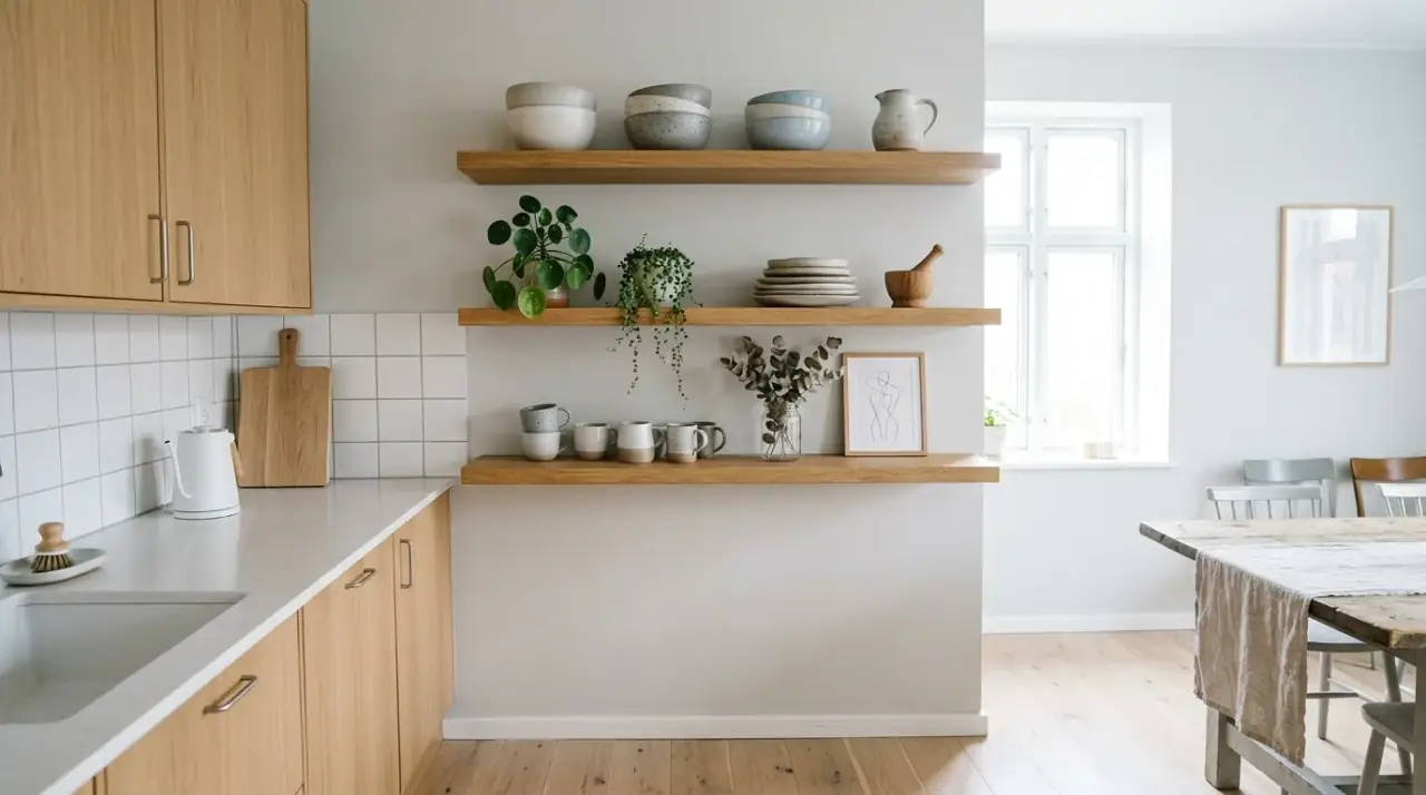 Cutting boards on kitchen wall. Warm wooden kitchen tools used as natural wall decor.