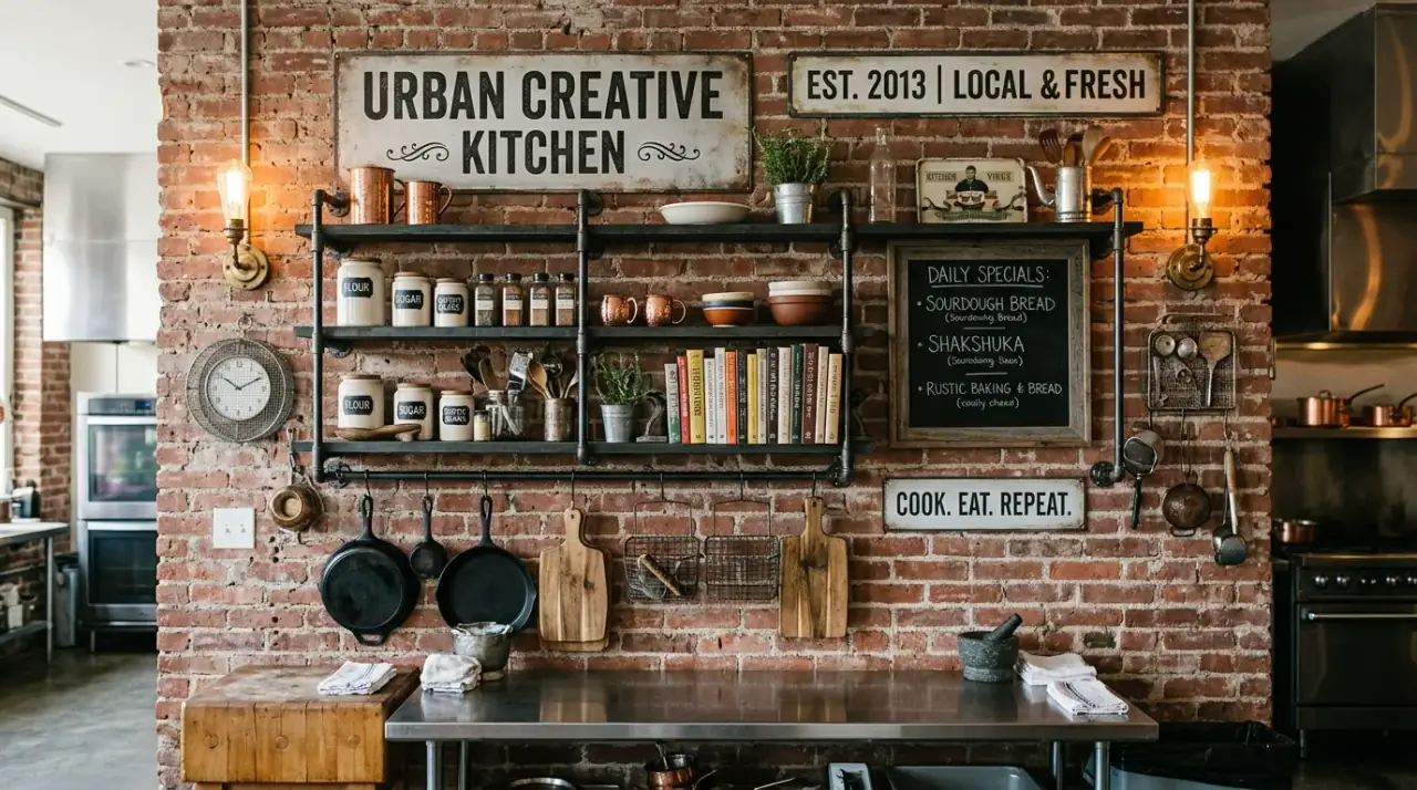 Oversized kitchen wall decor. Large focal wall piece simplifying and personalizing a kitchen.