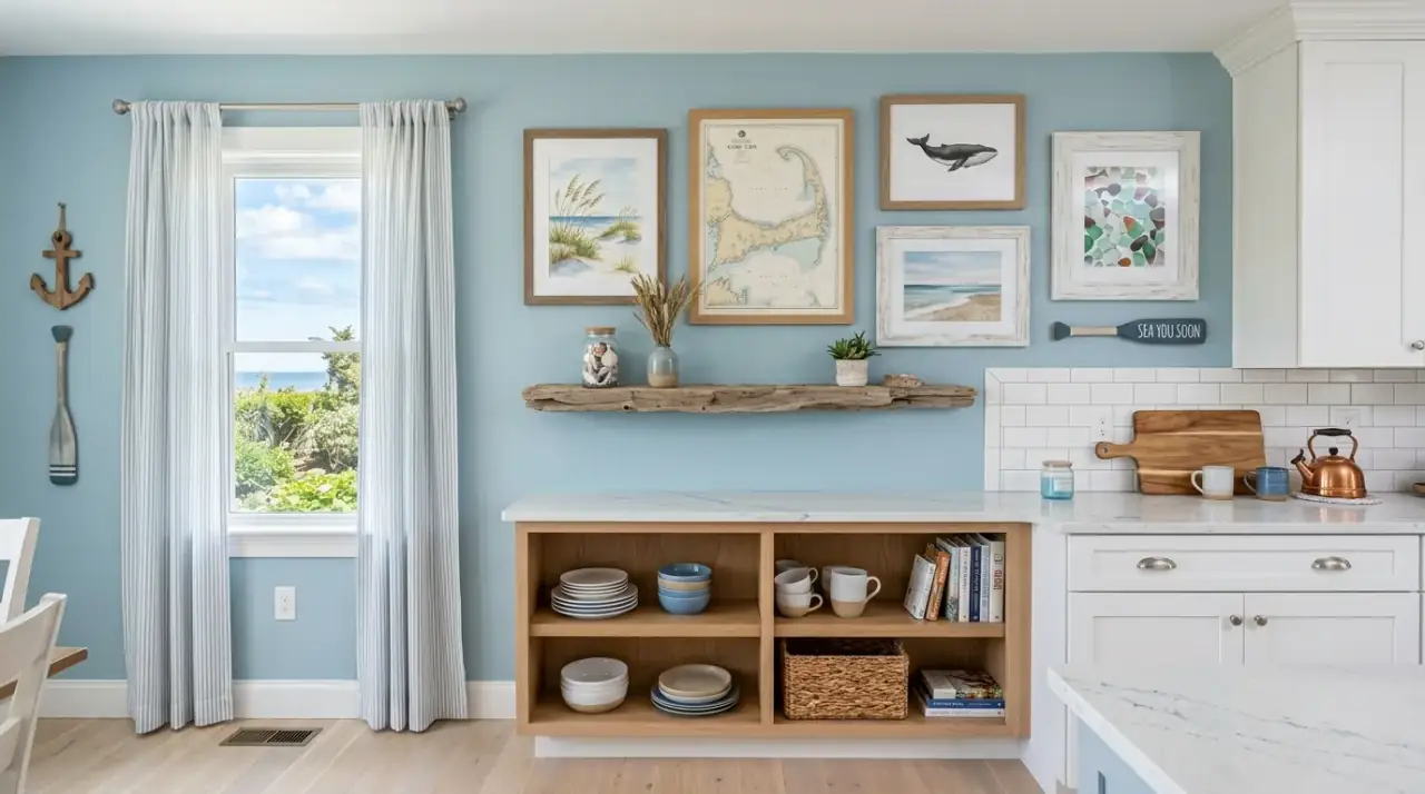 Mirror on kitchen wall. Reflective wall decor helping a kitchen feel brighter and more open.
