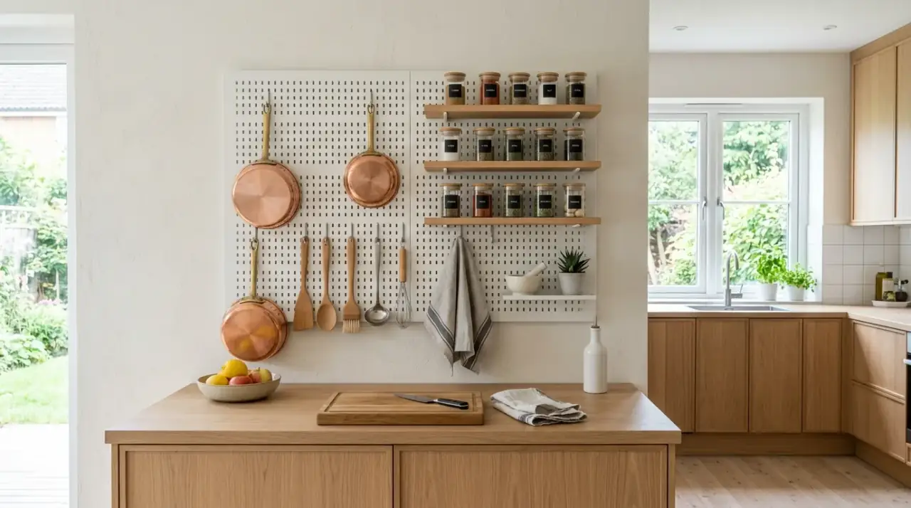 Creative pegboard kitchen organization with flexible wall storage and tidy open display.
