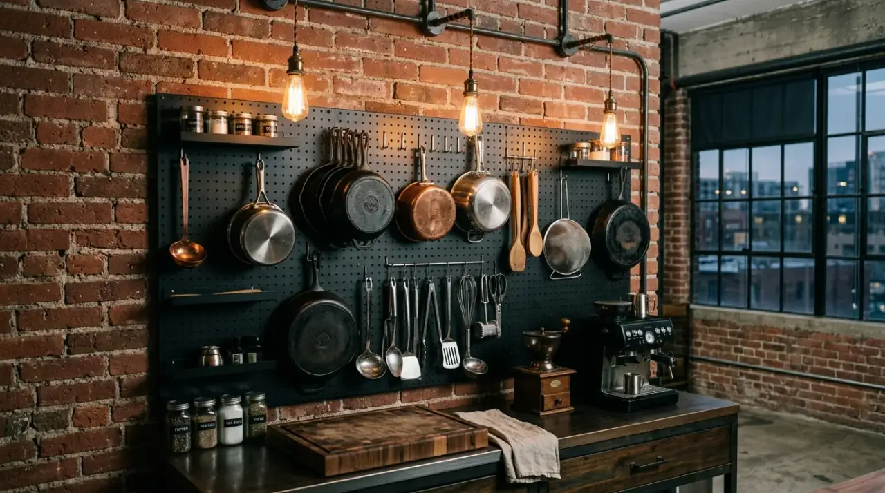 Pegboard shelves kitchen. Creative kitchen pegboard with hooks and small shelves for storage.