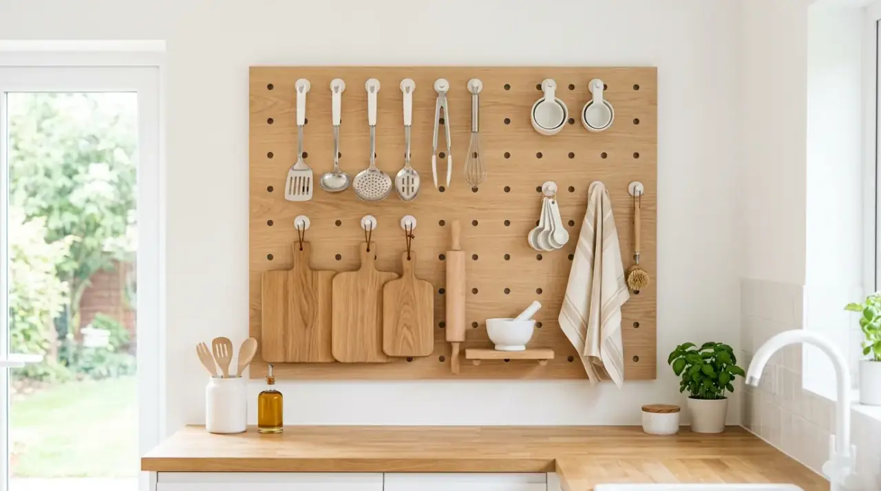 Painted kitchen pegboard. Flexible kitchen pegboard painted to blend with the room palette.