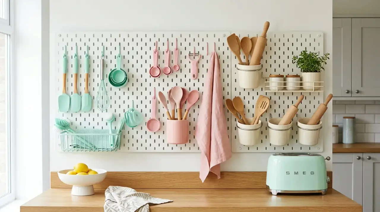 Pegboard baskets kitchen. Creative pegboard kitchen storage using baskets for smaller items.