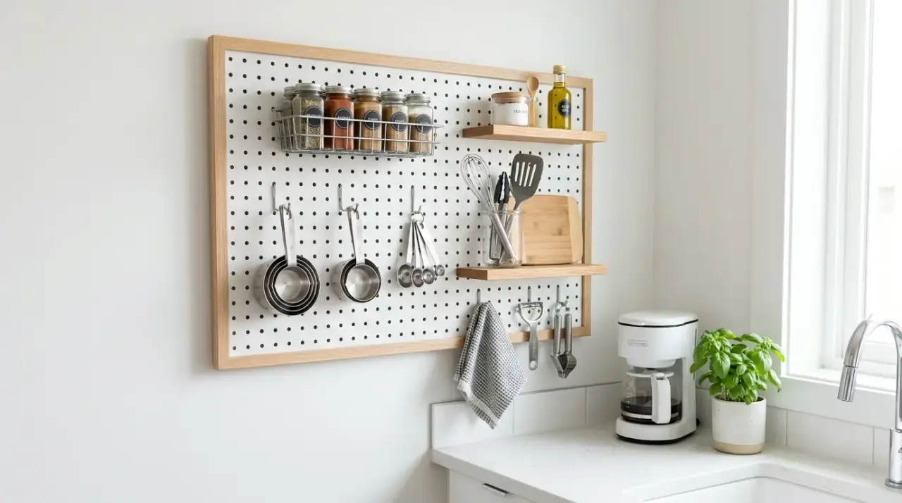 Pegboard coffee station. Kitchen pegboard organized as a flexible coffee and tea station.