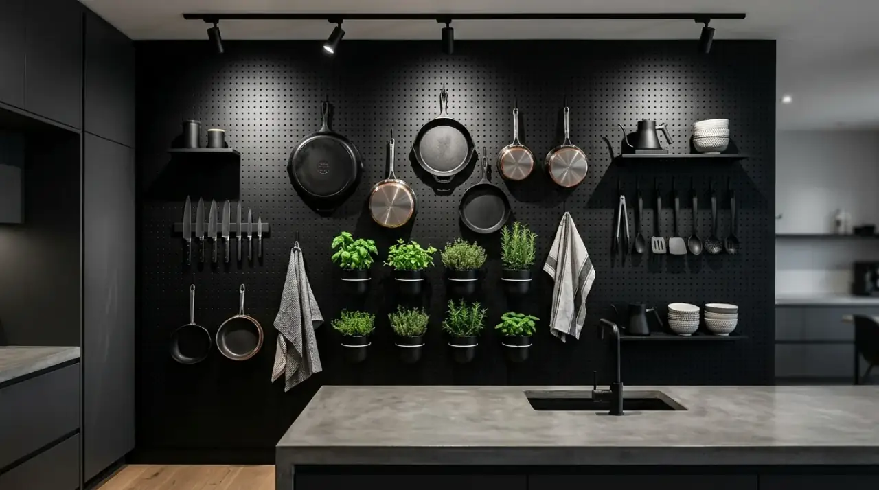 Pegboard pot storage. Flexible kitchen pegboard used for hanging cookware.