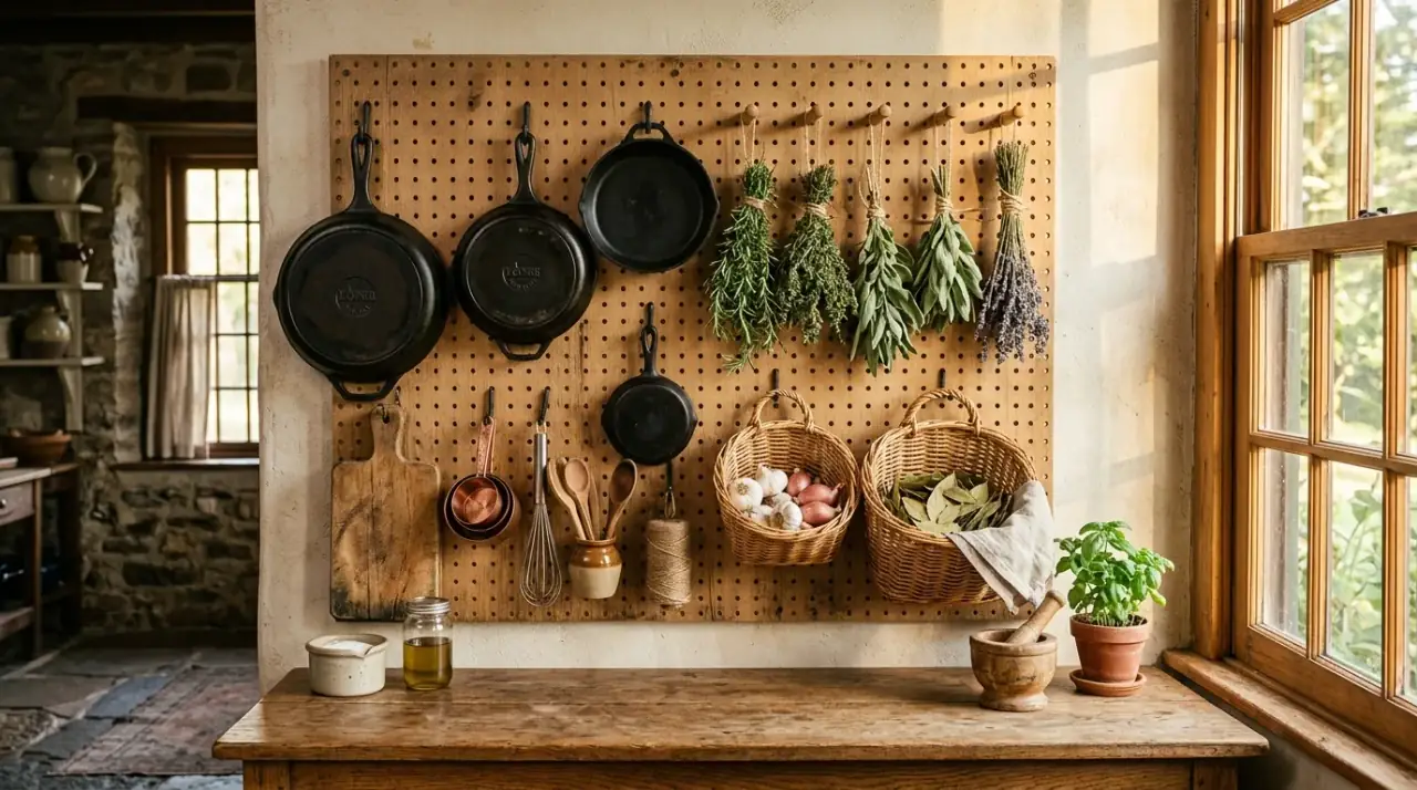 Pegboard inside cabinet door. Creative pegboard organization used inside kitchen storage doors.