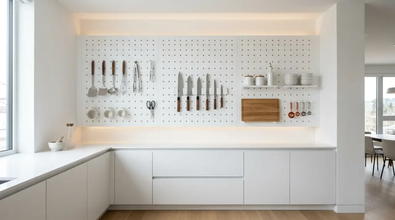 Styled pegboard kitchen. Flexible pegboard kitchen wall styled with beautiful everyday tools.