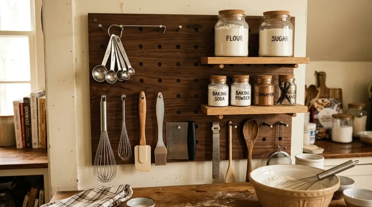 Minimal pegboard organization. Creative kitchen pegboard with breathable uncluttered arrangement.