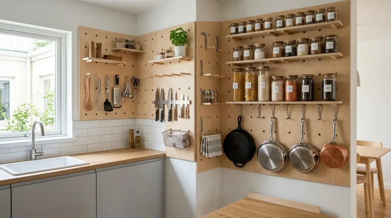 Targeted pegboard kitchen storage. Flexible pegboard system built around a specific kitchen need.