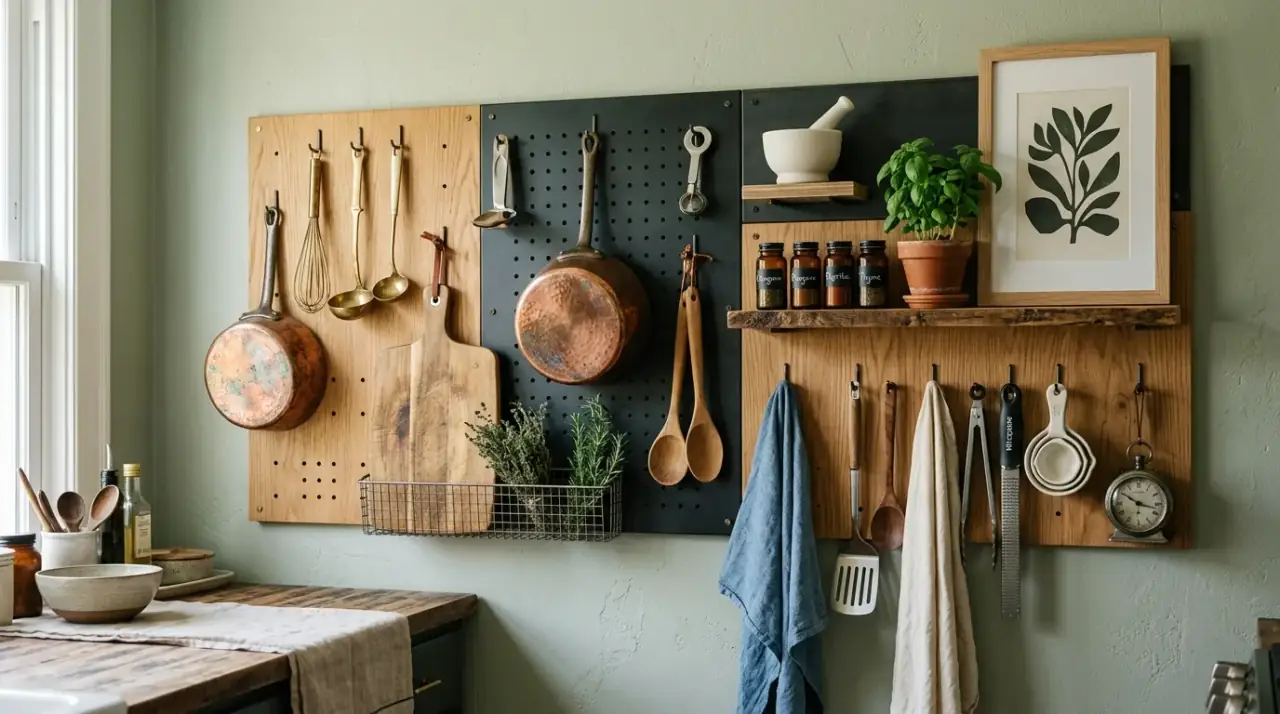 Adaptable pegboard kitchen. Creative flexible pegboard storage that can be rearranged easily.