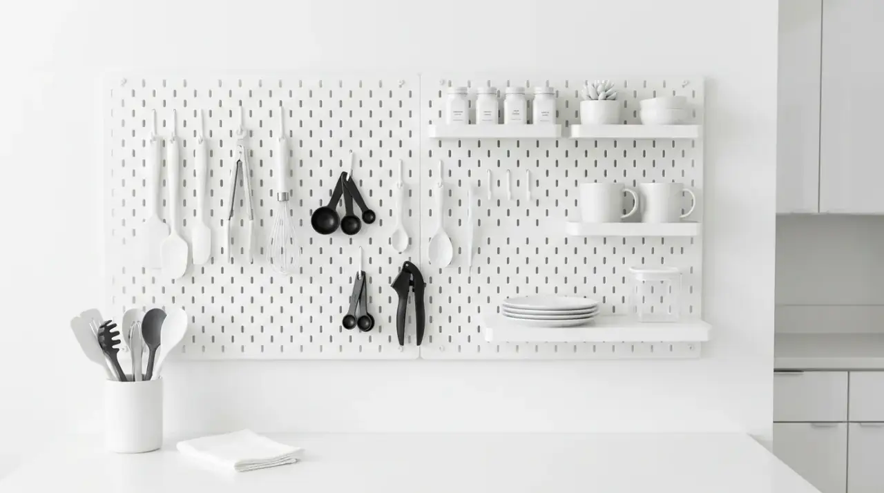 Pegboard with closed storage. Kitchen pegboard paired with lower closed storage for balance.