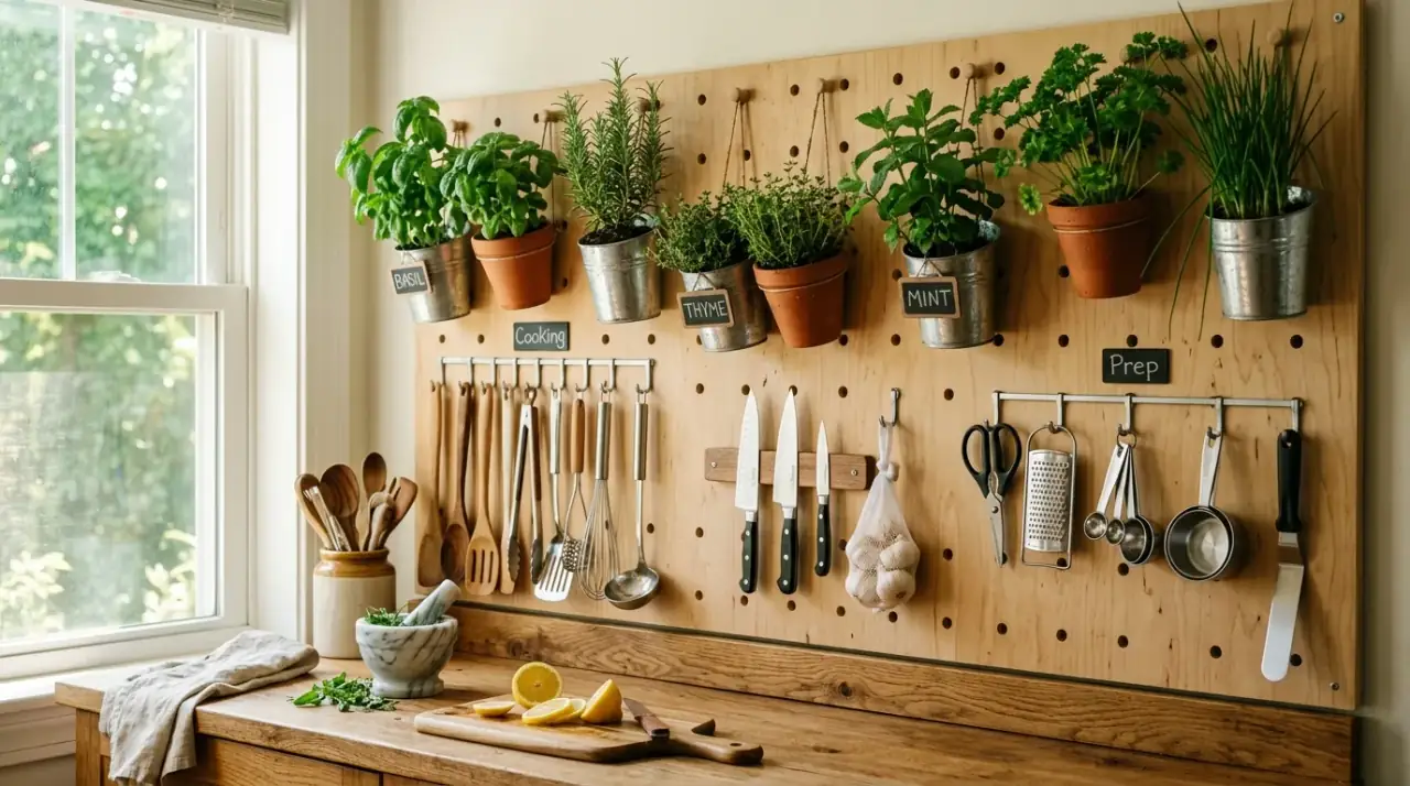 Matching pegboard accessories. Creative kitchen pegboard with coordinated hooks and storage pieces.