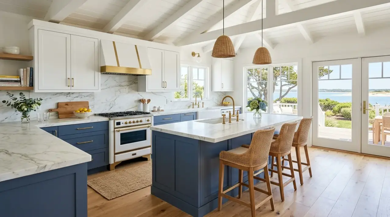 Crisp blue and white kitchen cabinets styled for a fresh coastal-inspired look.