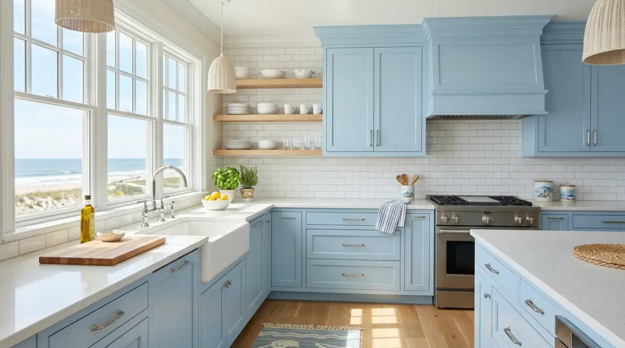 Soft navy and white kitchen. Deep blue cabinetry balanced by crisp white details for coastal freshness.