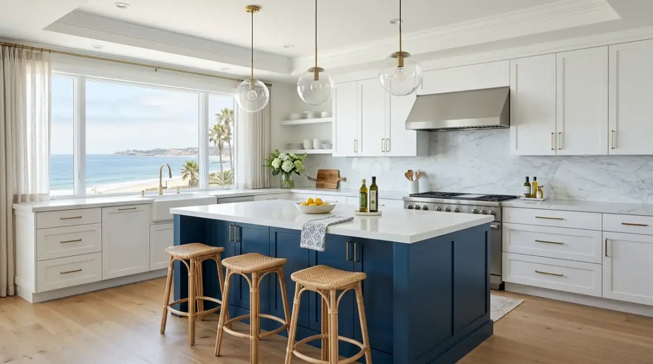 Sky blue and white kitchen cabinets. Lighter upper cabinets creating a breezy and cheerful coastal mood.