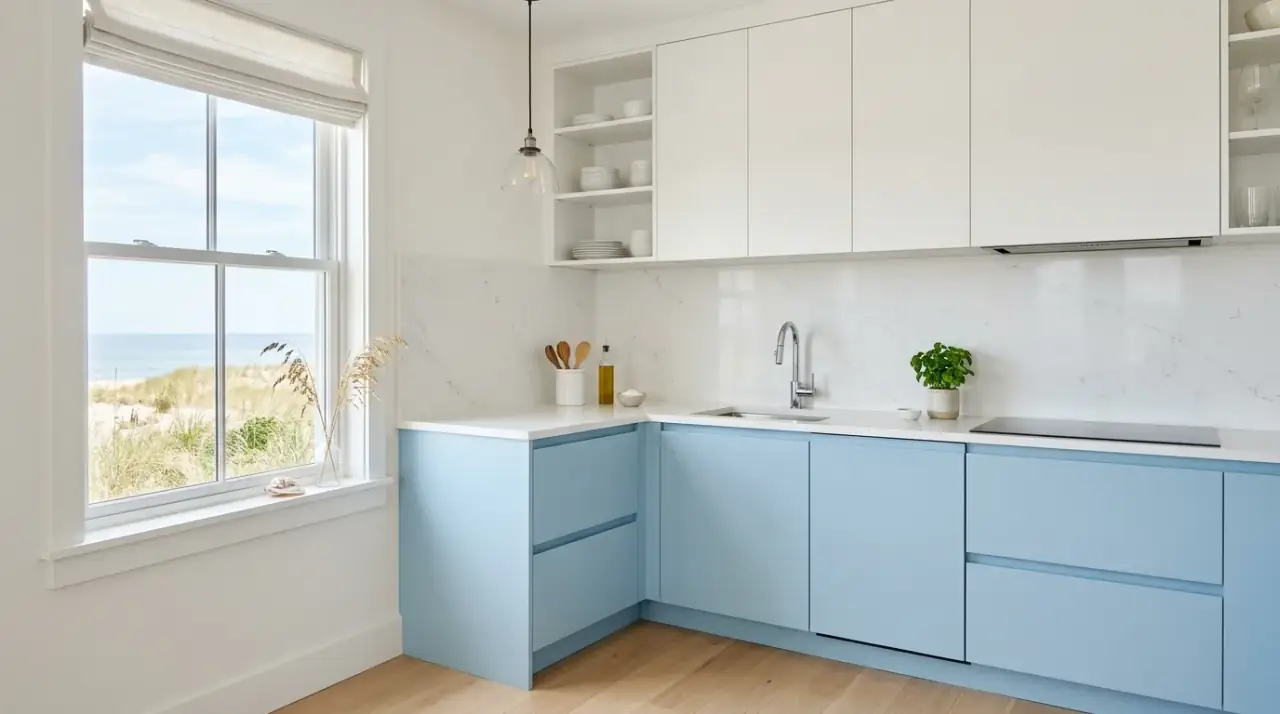 Blue white kitchen with wood. Natural wood details warming a crisp coastal cabinet palette.
