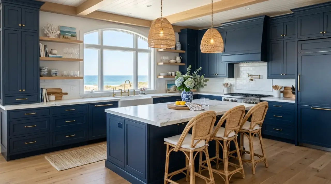 Blue kitchen with white tile. Bright clean backsplash helping blue cabinets feel crisp and fresh.