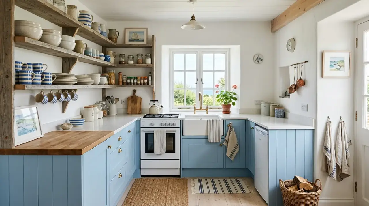 Blue white kitchen with brass. Warm hardware and lighting adding polish to a coastal cabinet palette.