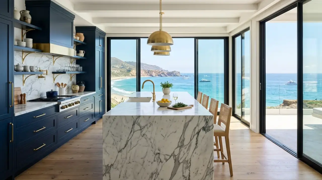 Glass front blue white kitchen cabinets. Transparent upper cabinets enhancing the airy feel of a coastal kitchen.