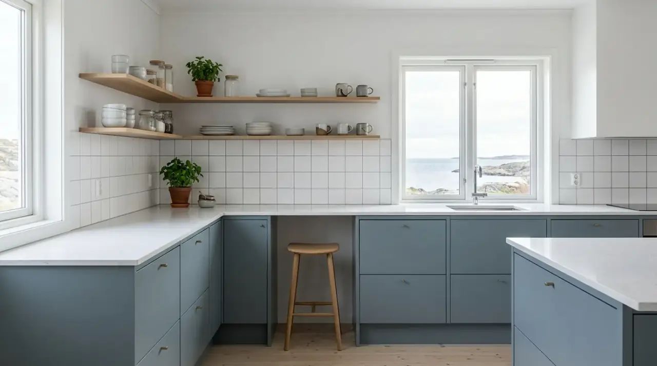 Casual blue white kitchen decor. Simple relaxed styling preserving the fresh feel of the coastal palette.