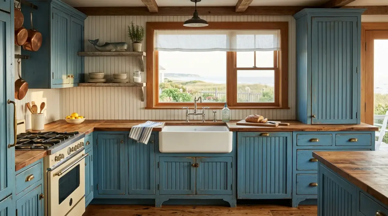Blue cabinets with white counters. Bright countertop pairing creating a crisp and expansive kitchen look.