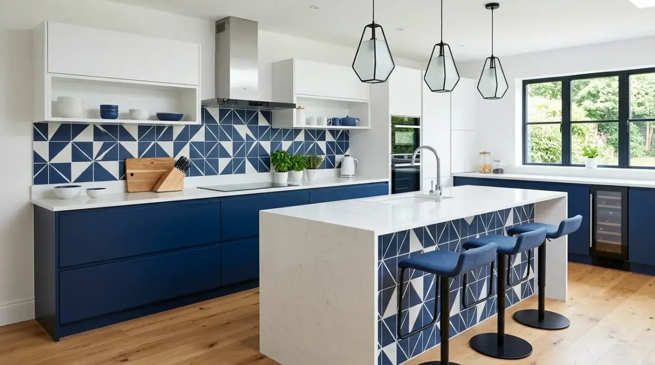Blue runner in coastal kitchen. Soft floor textile tying together the blue and white kitchen palette.