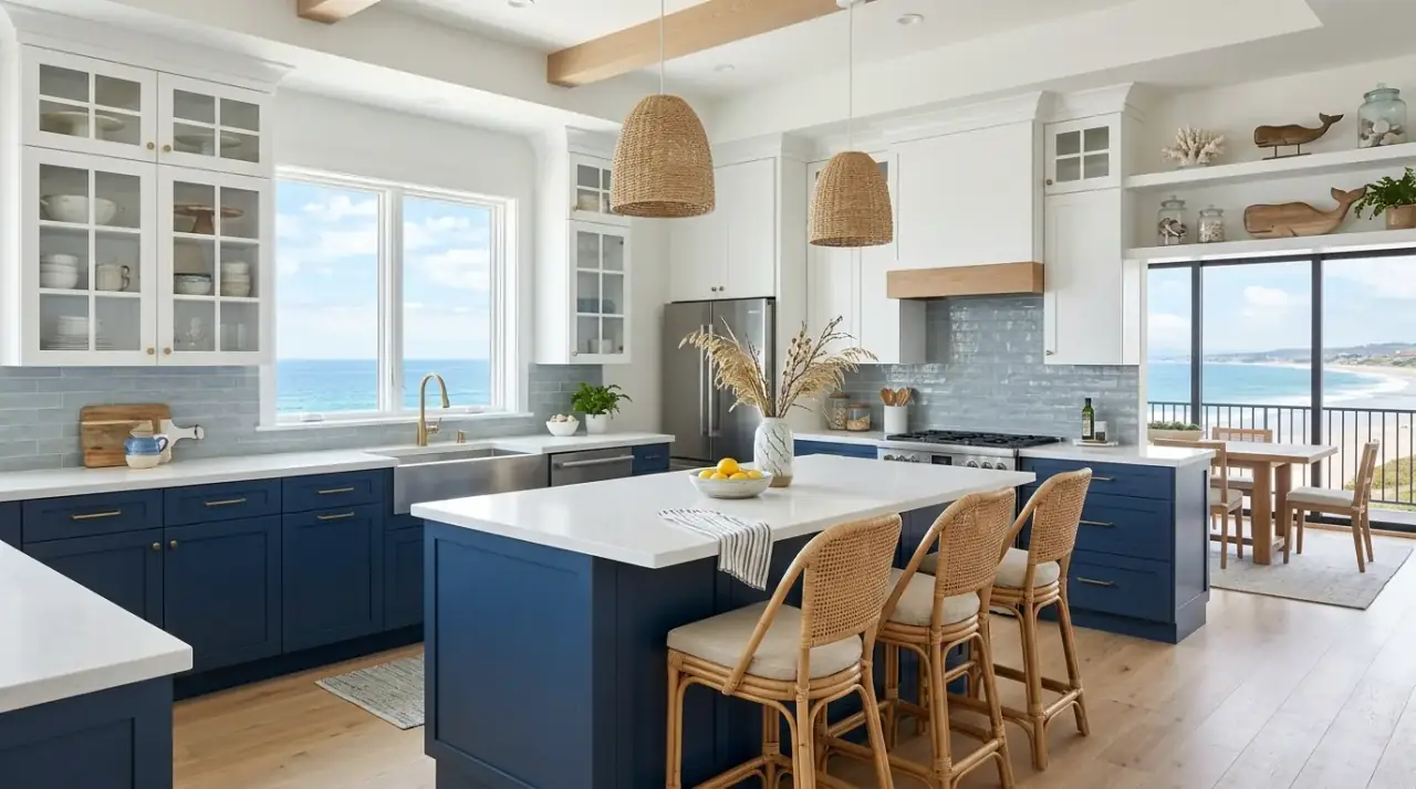 Single blue tone kitchen cabinets. Clear cabinet color choice helping the coastal palette feel more refined.