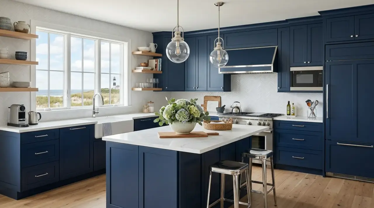 Daylit blue and white kitchen. Natural light enhancing the crisp coastal freshness of the cabinet palette.