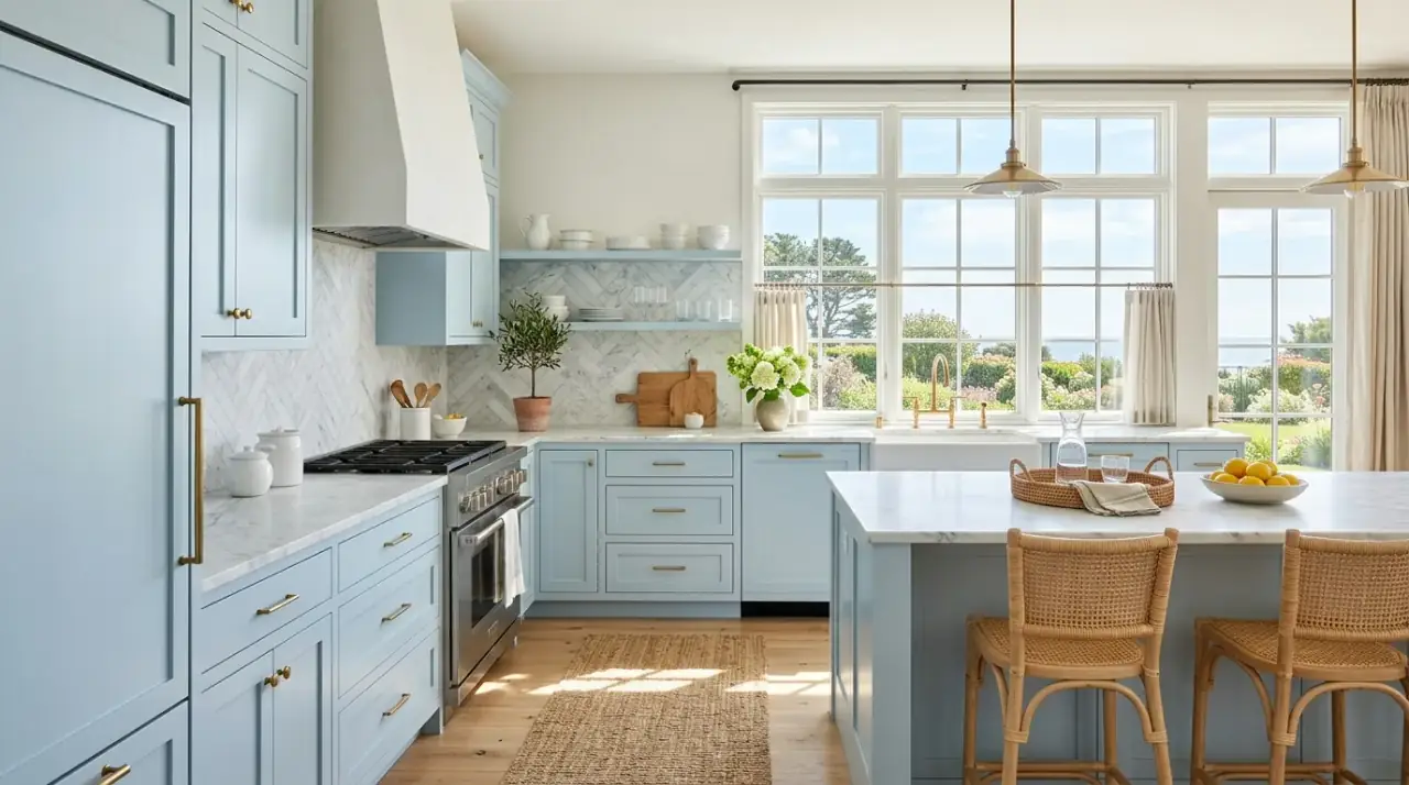 Blue white kitchen overview. Fresh coastal cabinet design balanced with warmth, light, and timeless simplicity.