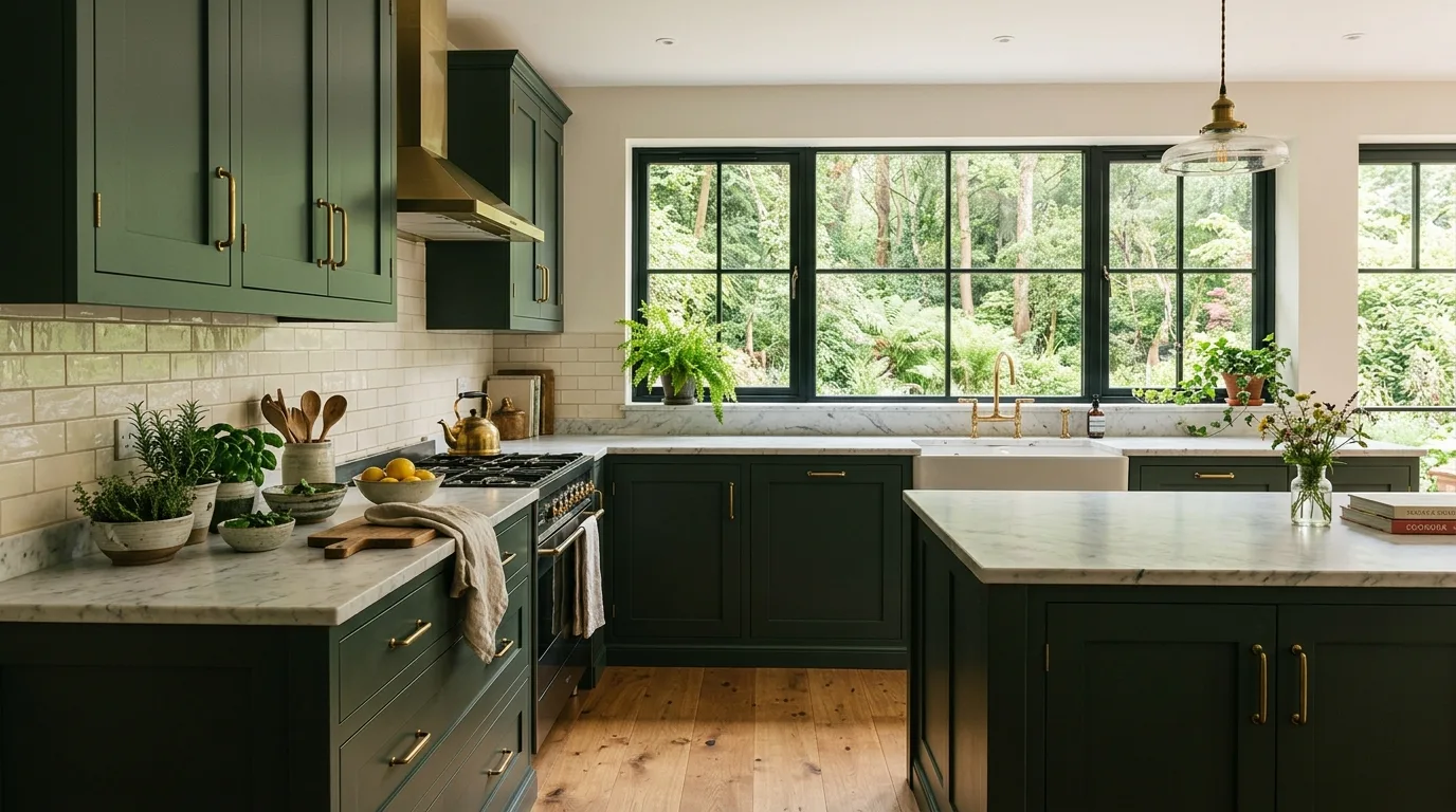 Deep forest green shaker kitchen cabinets with marble countertops, brass hardware, and warm oak floors.