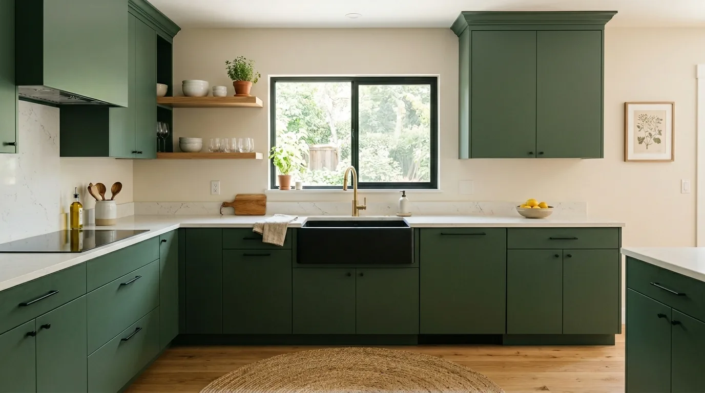 Matte forest green flat-panel cabinets. White quartz counters, black farmhouse sink, matte gold faucet, and beige walls.