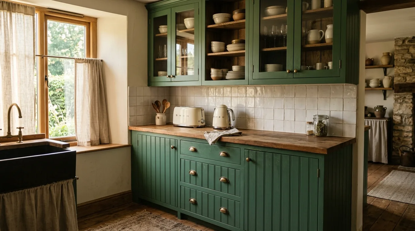 Rustic forest green beadboard cabinets. Glass-front uppers, white ceramic backsplash, linen curtains, and cottage styling.