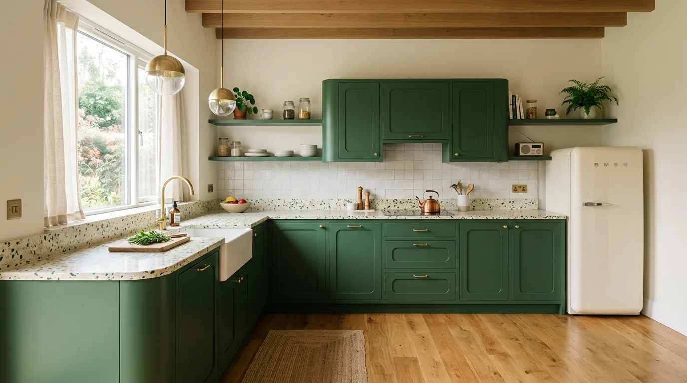 Elegant forest green inset cabinets. Rounded corners, terrazzo counters, cream retro refrigerator, and brass pendants.