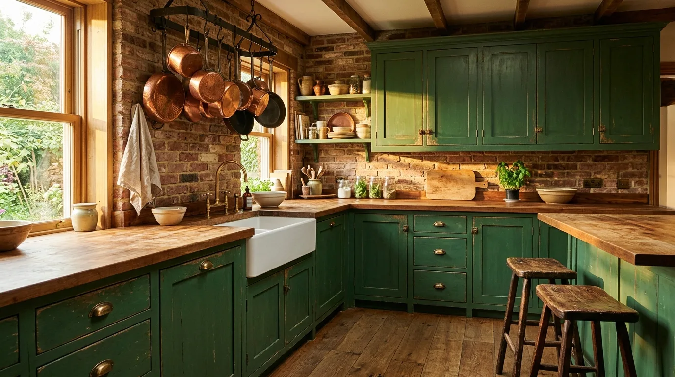Distressed forest green farmhouse cabinets. Butcher block countertops, exposed brick backsplash, and hanging copper cookware.