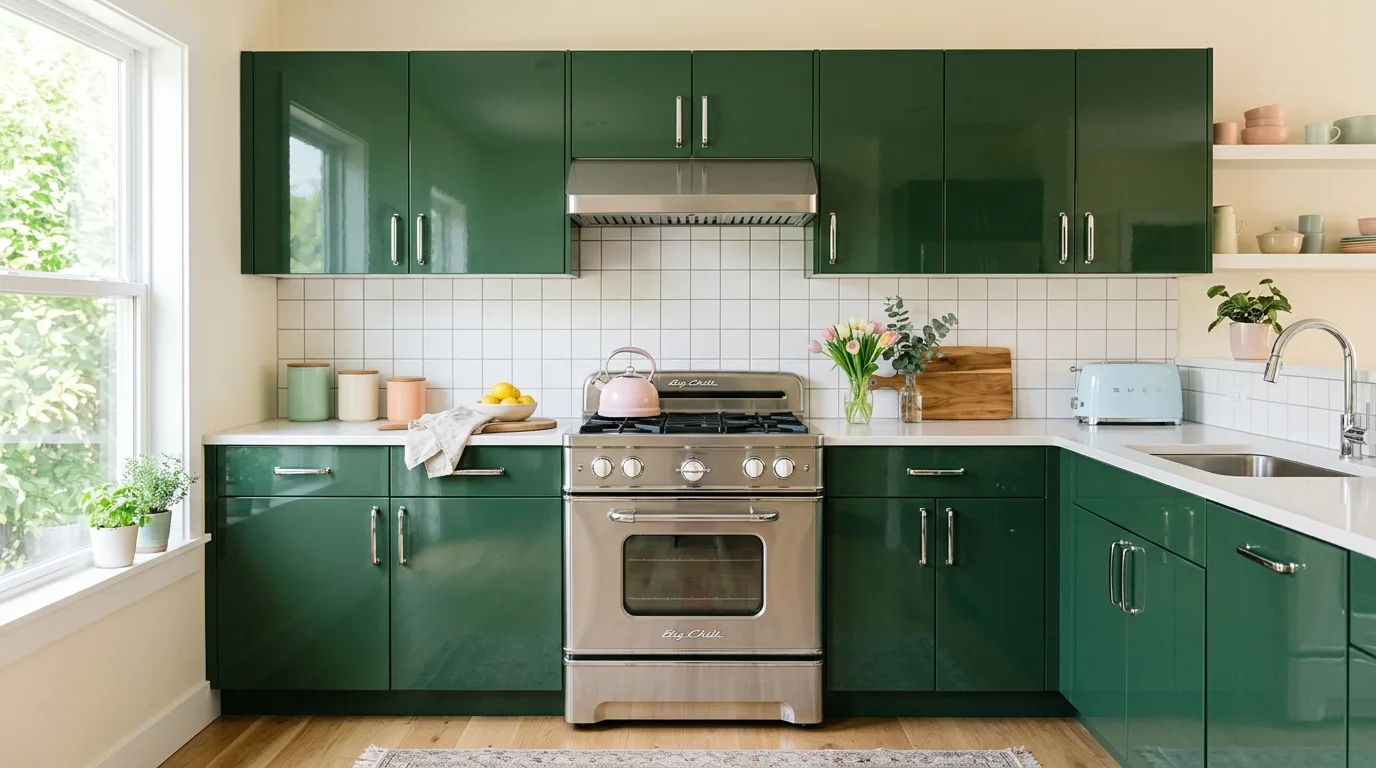 Glossy forest green slab cabinets. Chrome hardware, white tile backsplash, and a vintage stainless steel oven.