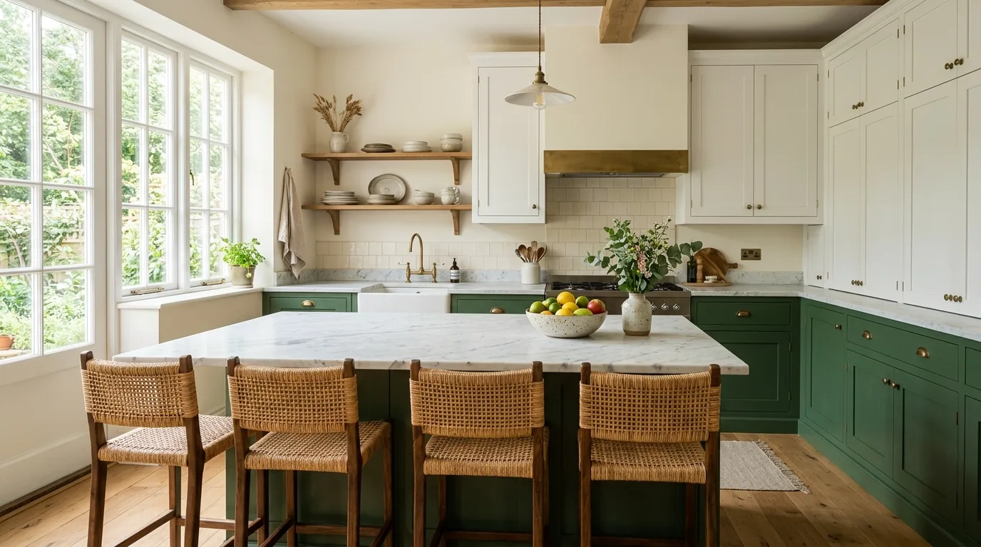 Forest green lower cabinets with white uppers. Marble island, rattan bar stools, cream walls, and natural window light.
